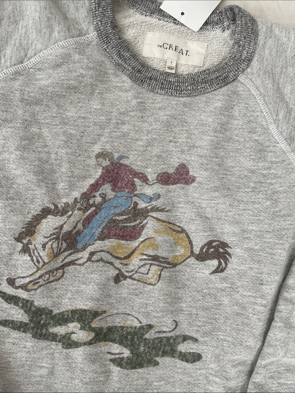 NWT The Great. College Sweatshirt with Rider Graphic Soft Heather Grey. Size 1. - Picture 3 of 9